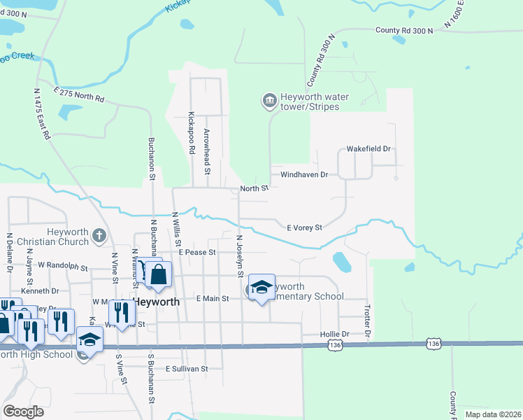 map of restaurants, bars, coffee shops, grocery stores, and more near 506 East Vorey Street in Heyworth