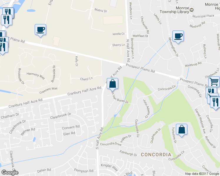 map of restaurants, bars, coffee shops, grocery stores, and more near 4 Barbara Fritchie Court in Monroe Township