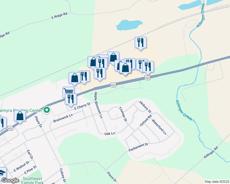 map of restaurants, bars, coffee shops, grocery stores, and more near 78 Shady Lane in Annville