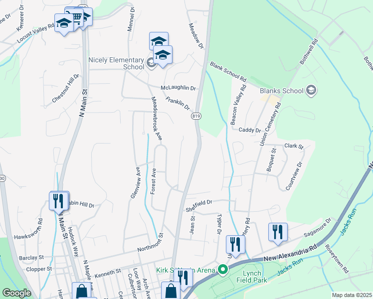 map of restaurants, bars, coffee shops, grocery stores, and more near 40 Woodland Avenue in Greensburg