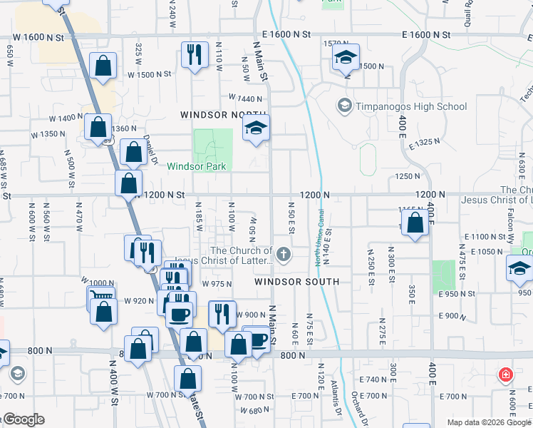 map of restaurants, bars, coffee shops, grocery stores, and more near 1145 North Main Street in Orem