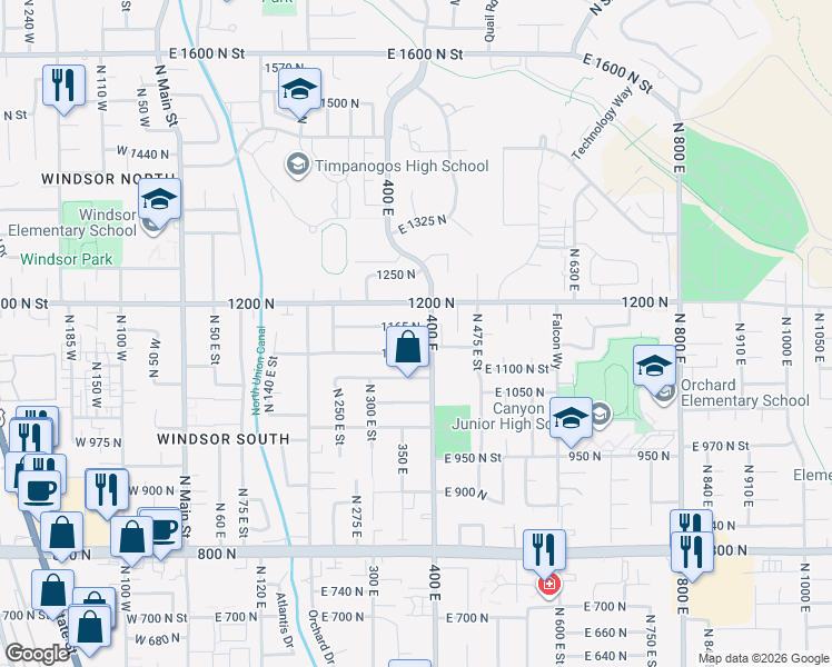 map of restaurants, bars, coffee shops, grocery stores, and more near 372 East 1165 North in Orem