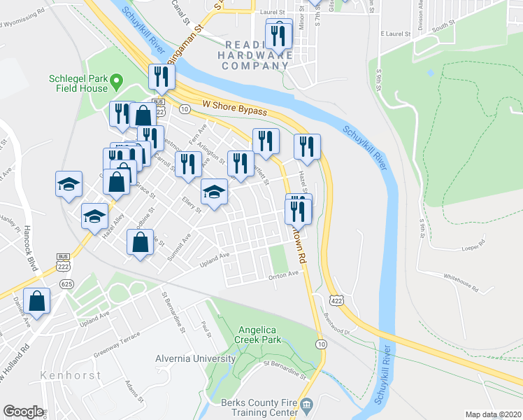 map of restaurants, bars, coffee shops, grocery stores, and more near 129 Belvedere Avenue in Reading