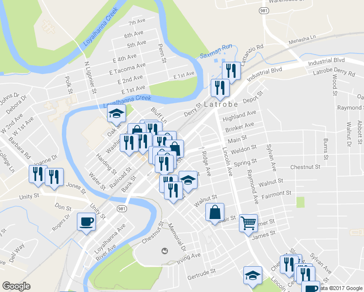 map of restaurants, bars, coffee shops, grocery stores, and more near 415 Depot Street in Latrobe