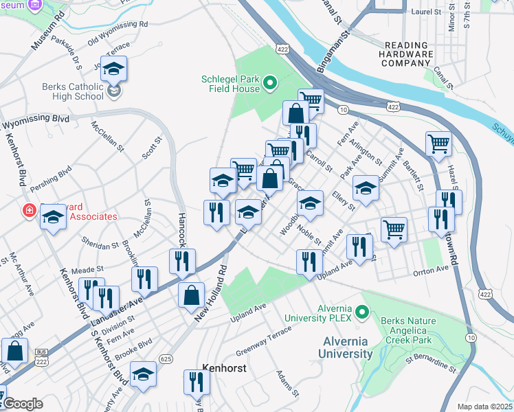 map of restaurants, bars, coffee shops, grocery stores, and more near 615 Lancaster Avenue in Reading