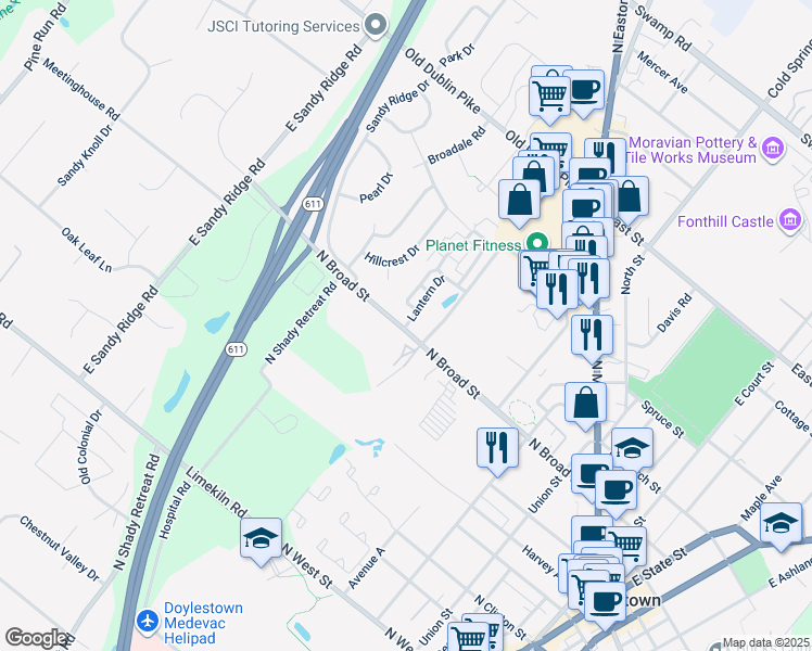 map of restaurants, bars, coffee shops, grocery stores, and more near 809 North Broad Street in Doylestown
