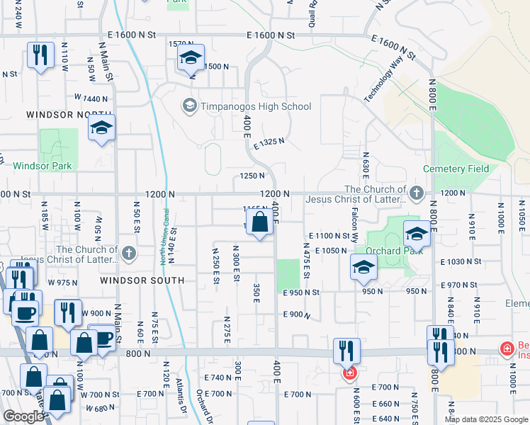map of restaurants, bars, coffee shops, grocery stores, and more near 372 1165 North in Orem