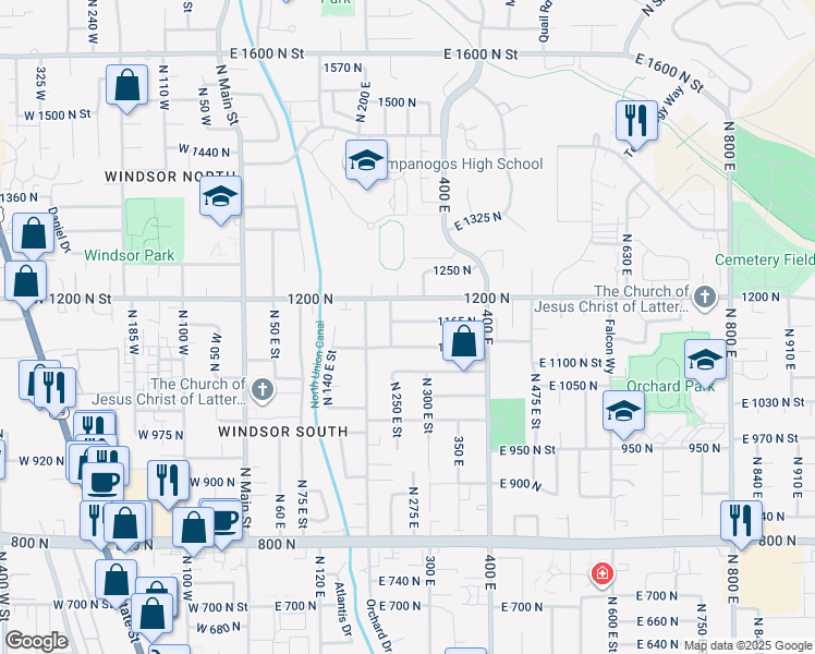 map of restaurants, bars, coffee shops, grocery stores, and more near 1154 North 240 East in Orem