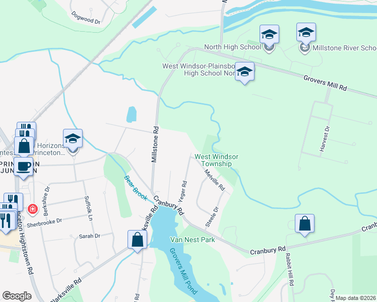 map of restaurants, bars, coffee shops, grocery stores, and more near 17 Yeger Road in West Windsor Township