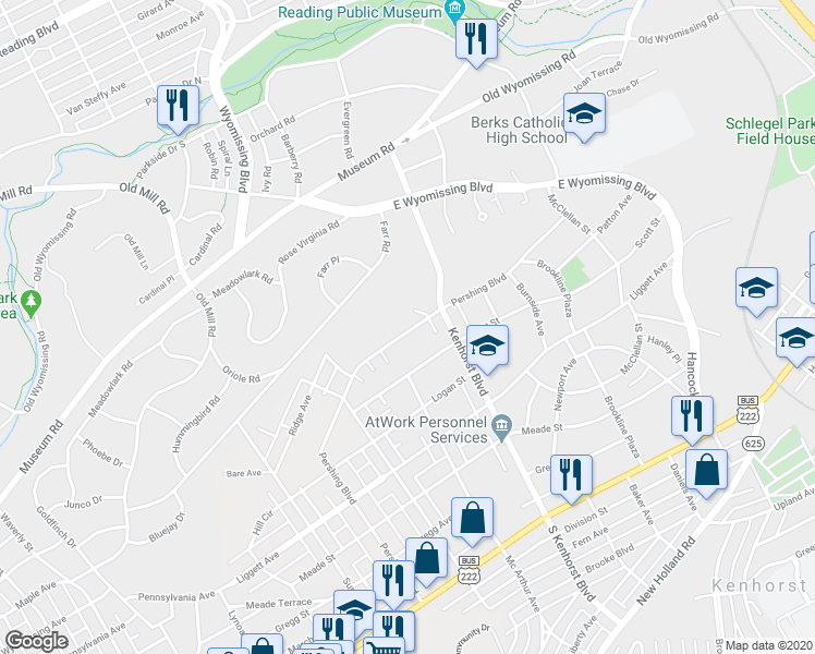 map of restaurants, bars, coffee shops, grocery stores, and more near 1316 Pershing Boulevard in Reading