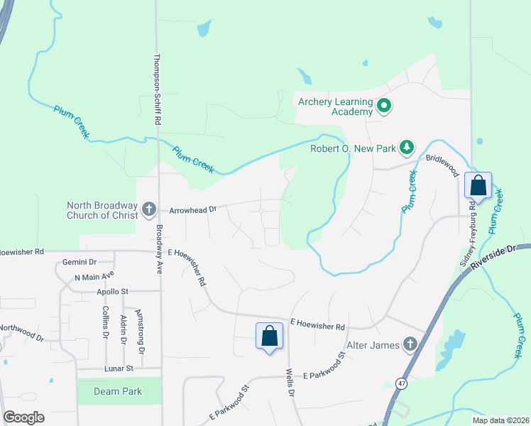 map of restaurants, bars, coffee shops, grocery stores, and more near 807 Arrowhead Drive in Sidney
