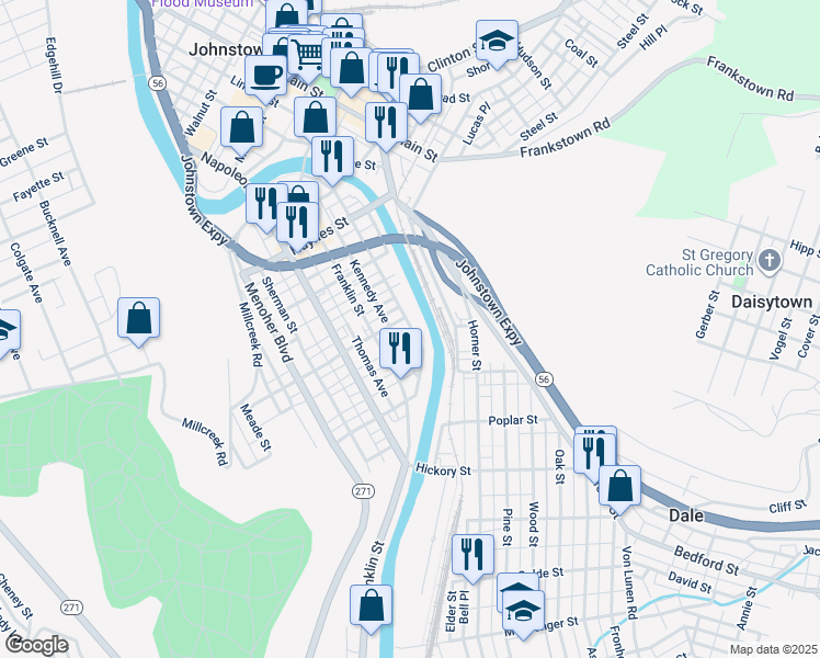 map of restaurants, bars, coffee shops, grocery stores, and more near 715 Somerset St in Johnstown
