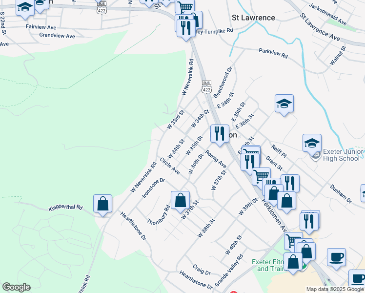 map of restaurants, bars, coffee shops, grocery stores, and more near 104 West 35th Street in Reading