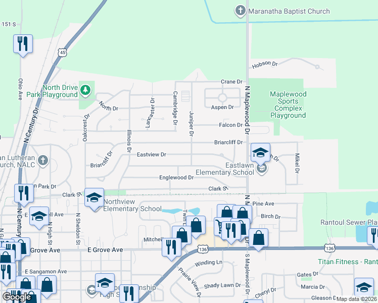 map of restaurants, bars, coffee shops, grocery stores, and more near 801 Juniper Dr in Rantoul
