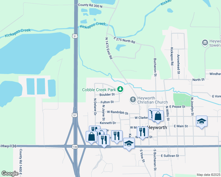 map of restaurants, bars, coffee shops, grocery stores, and more near 408 Cobble Creek Lane in Heyworth