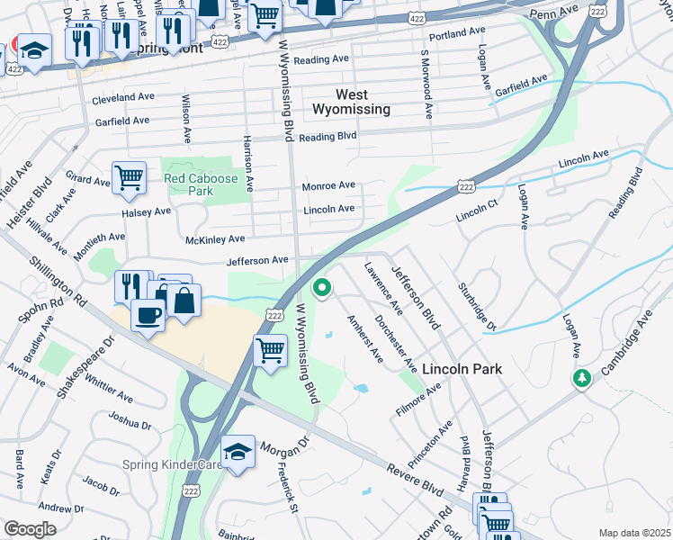 map of restaurants, bars, coffee shops, grocery stores, and more near 610 Dorchester Avenue in Reading