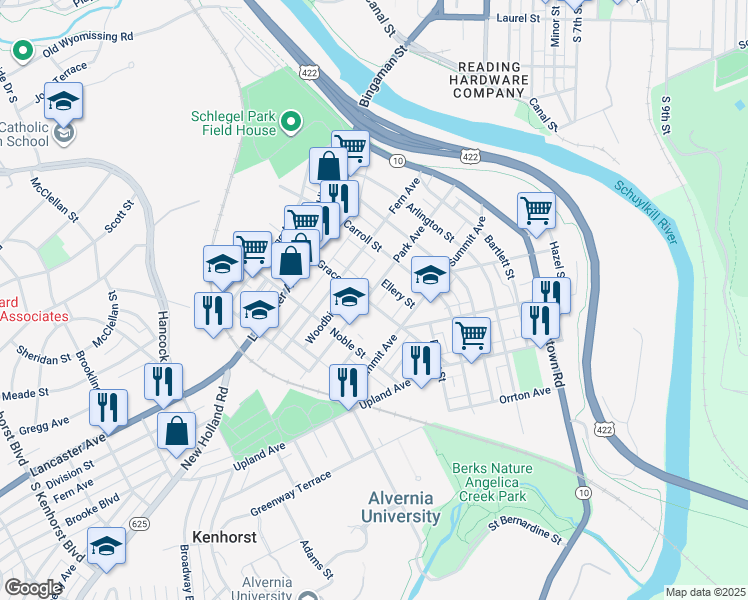 map of restaurants, bars, coffee shops, grocery stores, and more near 440 Park Ave in Reading