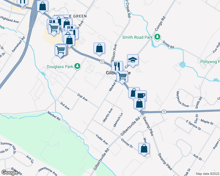 map of restaurants, bars, coffee shops, grocery stores, and more near 41 Merkel Road in Gilbertsville