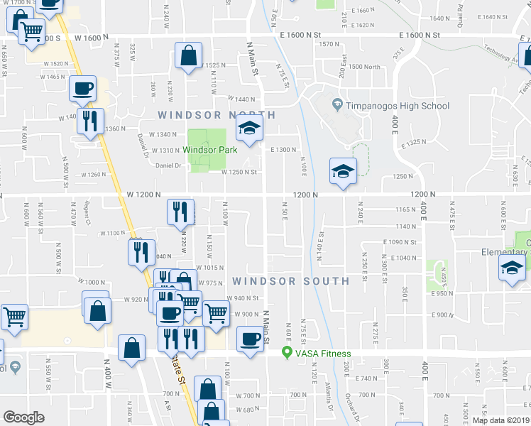 map of restaurants, bars, coffee shops, grocery stores, and more near 1170 Main Street in Orem