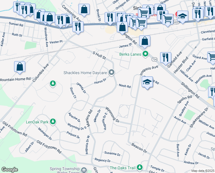 map of restaurants, bars, coffee shops, grocery stores, and more near 366 Martins Rd in Sinking Spring