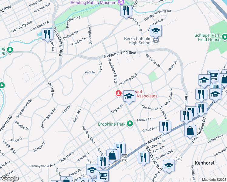 map of restaurants, bars, coffee shops, grocery stores, and more near 1316 Pershing Boulevard in Reading
