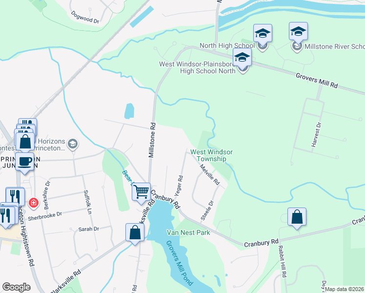 map of restaurants, bars, coffee shops, grocery stores, and more near 17 Yeger Road in West Windsor Township
