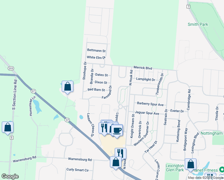 map of restaurants, bars, coffee shops, grocery stores, and more near 2167 Farmland Drive in Delaware