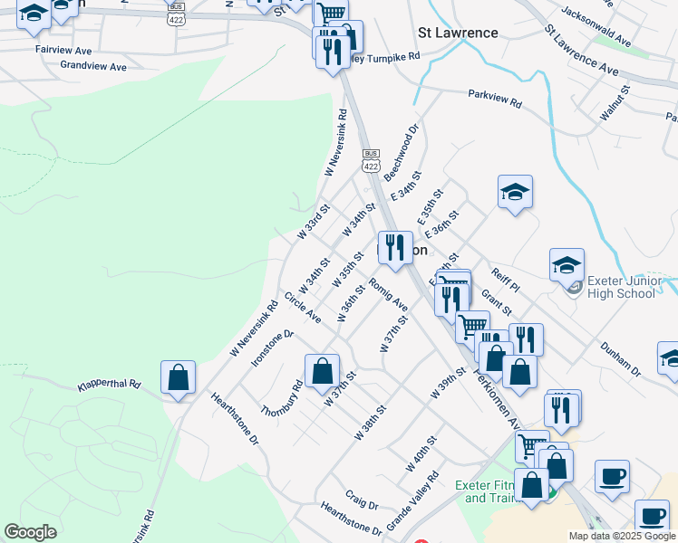 map of restaurants, bars, coffee shops, grocery stores, and more near 104 West 35th Street in Reading
