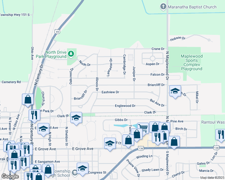 map of restaurants, bars, coffee shops, grocery stores, and more near 1037 Eastview Drive in Rantoul
