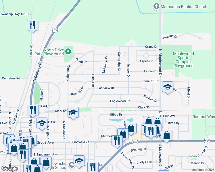 map of restaurants, bars, coffee shops, grocery stores, and more near 1037 Eastview Drive in Rantoul