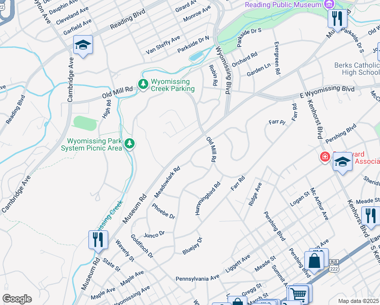 map of restaurants, bars, coffee shops, grocery stores, and more near 1617 Meadowlark Road in Wyomissing