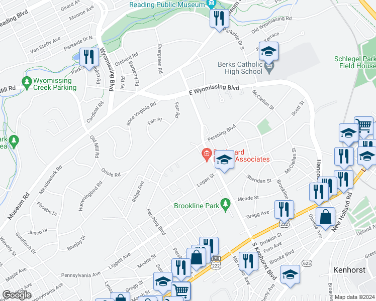 map of restaurants, bars, coffee shops, grocery stores, and more near 1375 Pershing Boulevard in Reading