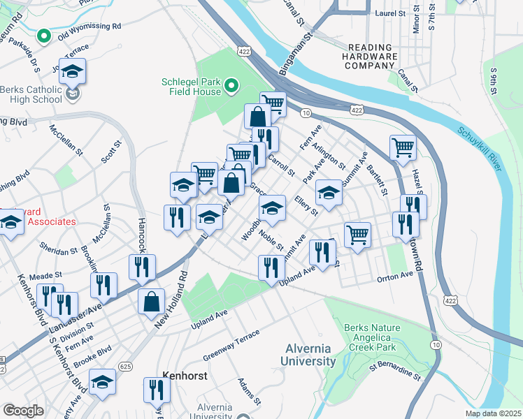 map of restaurants, bars, coffee shops, grocery stores, and more near 520 Fern Avenue in Reading
