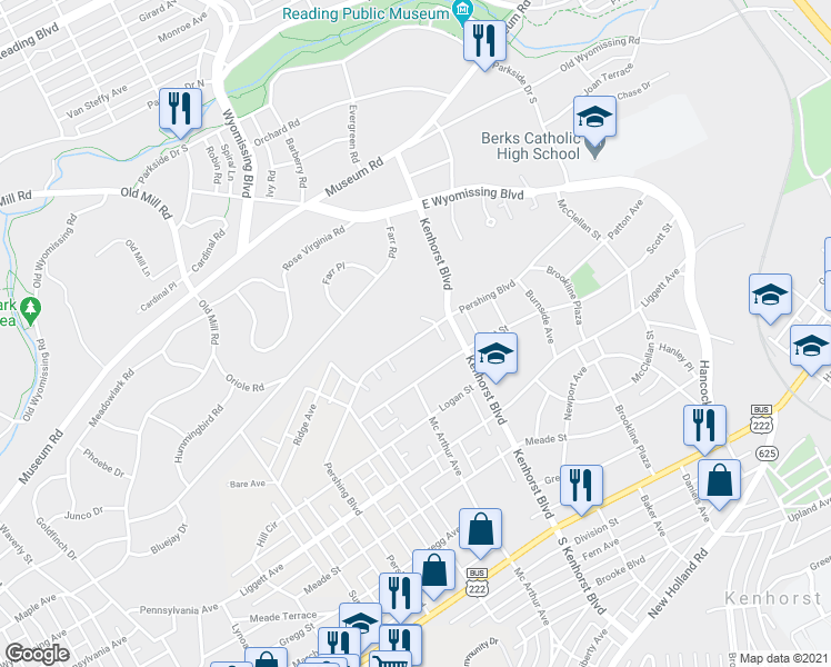 map of restaurants, bars, coffee shops, grocery stores, and more near 1375 Pershing Boulevard in Reading