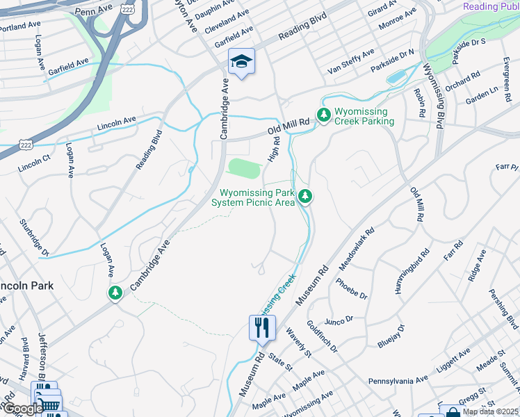map of restaurants, bars, coffee shops, grocery stores, and more near 1 High Road in Wyomissing