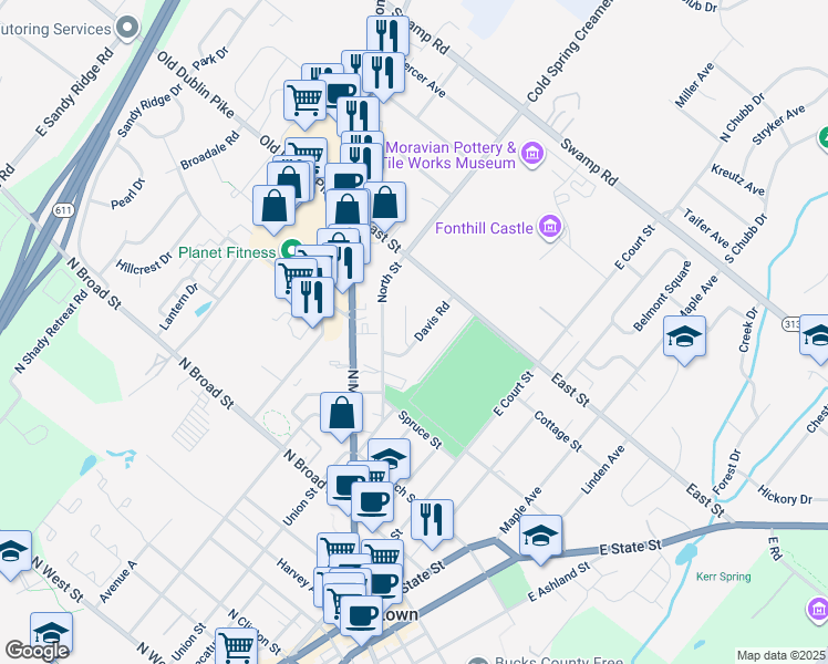 map of restaurants, bars, coffee shops, grocery stores, and more near 77 Davis Road in Doylestown