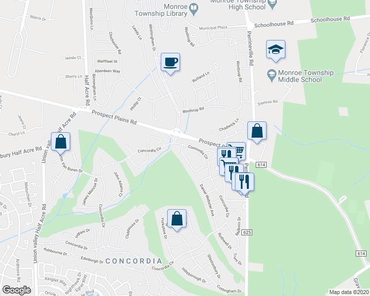 map of restaurants, bars, coffee shops, grocery stores, and more near 28B John Paul Jones Drive in Monroe Township