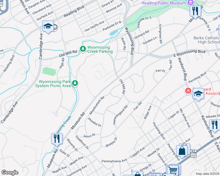 map of restaurants, bars, coffee shops, grocery stores, and more near 1617 Meadowlark Road in Wyomissing