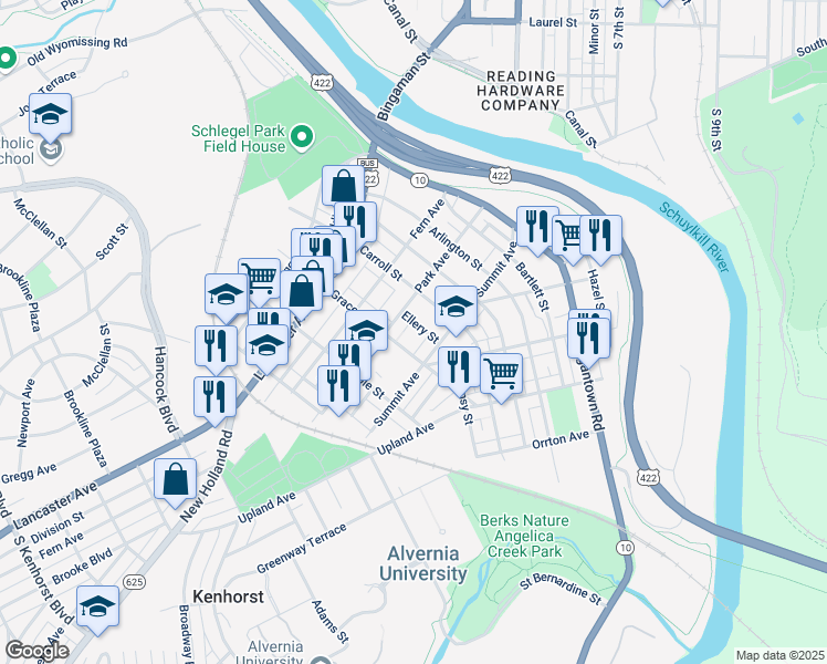 map of restaurants, bars, coffee shops, grocery stores, and more near 235 Ellery Street in Reading