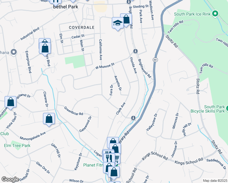 map of restaurants, bars, coffee shops, grocery stores, and more near 5565 Fera Dr in Bethel Park