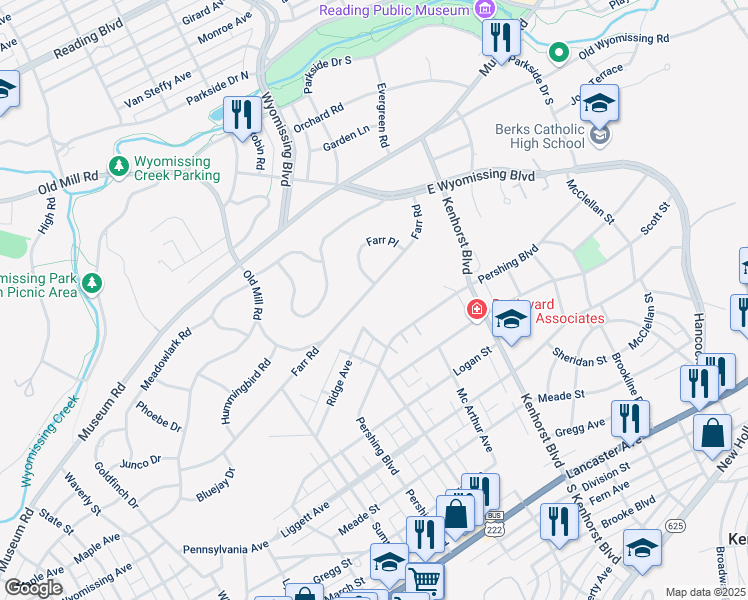 map of restaurants, bars, coffee shops, grocery stores, and more near 1500 Farr Road in Reading
