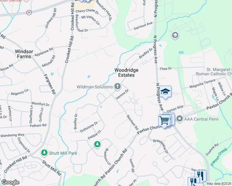 map of restaurants, bars, coffee shops, grocery stores, and more near 2005 Bradley Drive in Harrisburg