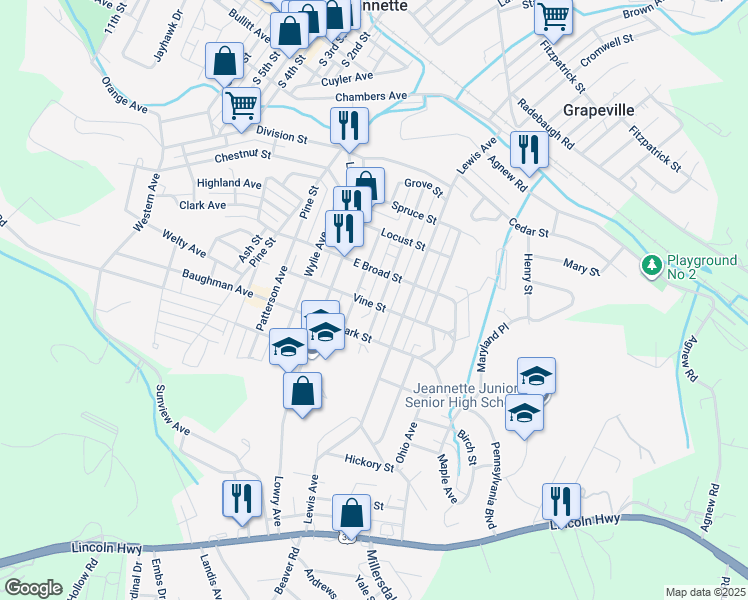 map of restaurants, bars, coffee shops, grocery stores, and more near 313 Vine Street in Jeannette