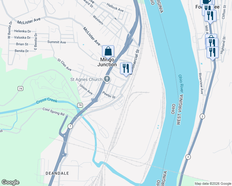 map of restaurants, bars, coffee shops, grocery stores, and more near 212 Kirt Doll Way in Mingo Junction