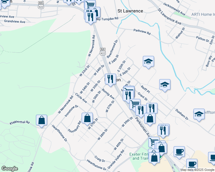 map of restaurants, bars, coffee shops, grocery stores, and more near 3503 Romig Avenue in Reading