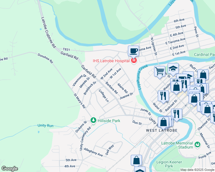 map of restaurants, bars, coffee shops, grocery stores, and more near 56 Barbara Rd in Latrobe