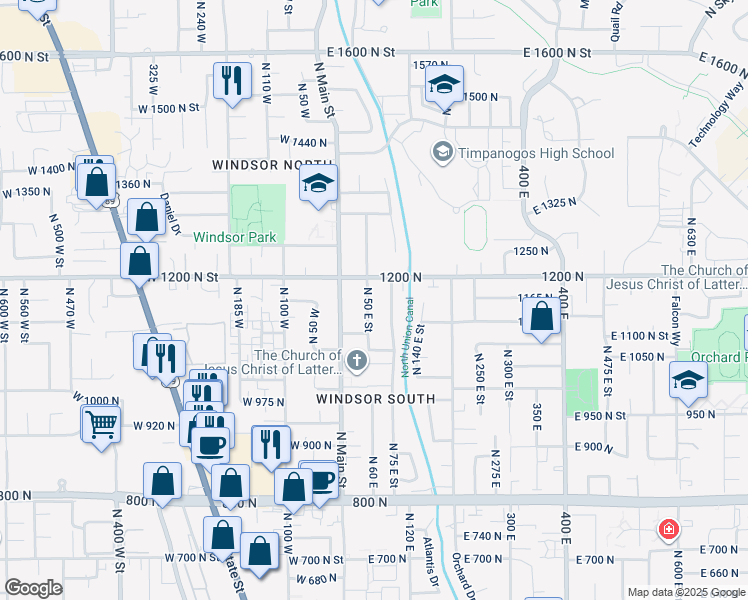 map of restaurants, bars, coffee shops, grocery stores, and more near 1164 North 50 East Street in Orem