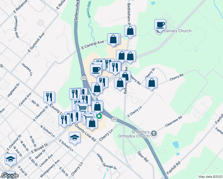 map of restaurants, bars, coffee shops, grocery stores, and more near 761 Pennsylvania 113 in Souderton