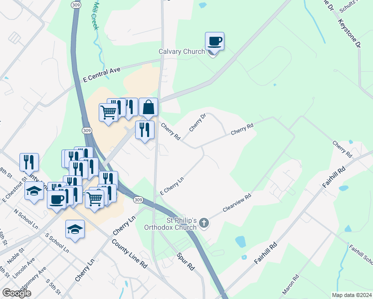 map of restaurants, bars, coffee shops, grocery stores, and more near 498 Cherry Road in Souderton