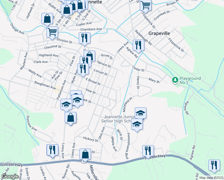 map of restaurants, bars, coffee shops, grocery stores, and more near 700 Jefferson Avenue in Jeannette